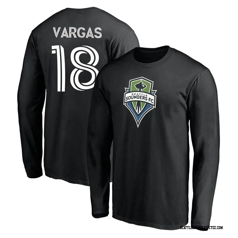 Men's Seattle Sounders FC ＃18 Obed Vargas Black Name & Number Backer Long Sleeve T-Shirt