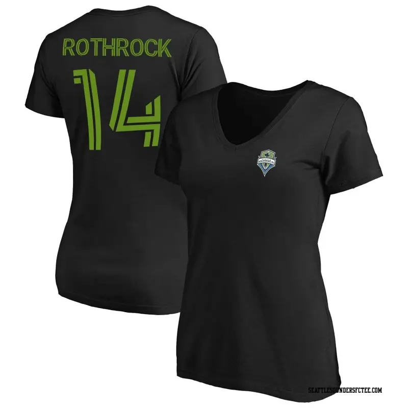 Women's Seattle Sounders FC ＃14 Paul Rothrock Black Name & Number Aggregate V-Neck T-Shirt
